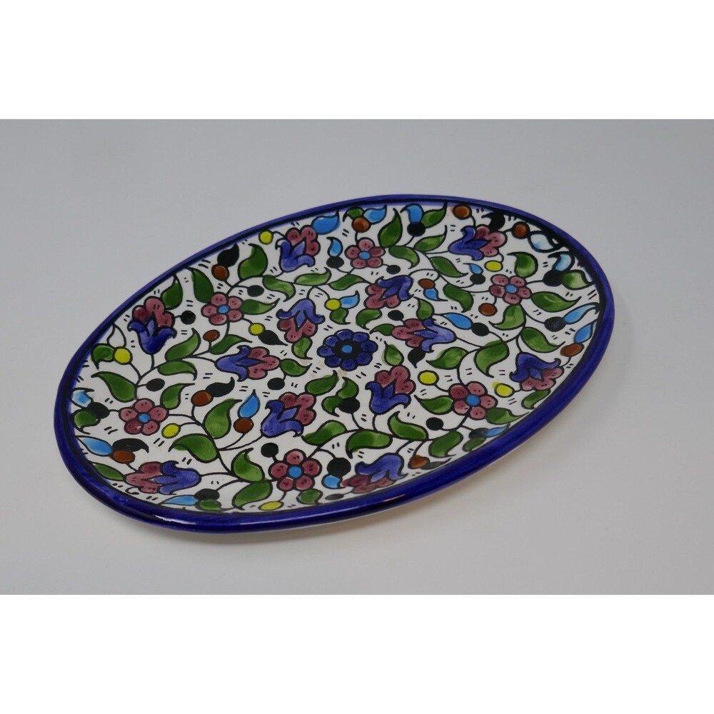 Armenian Pottery Hand Painted Floral Flowers Oval Dish Plate Made in Jerusalem - Picture 8 of 16